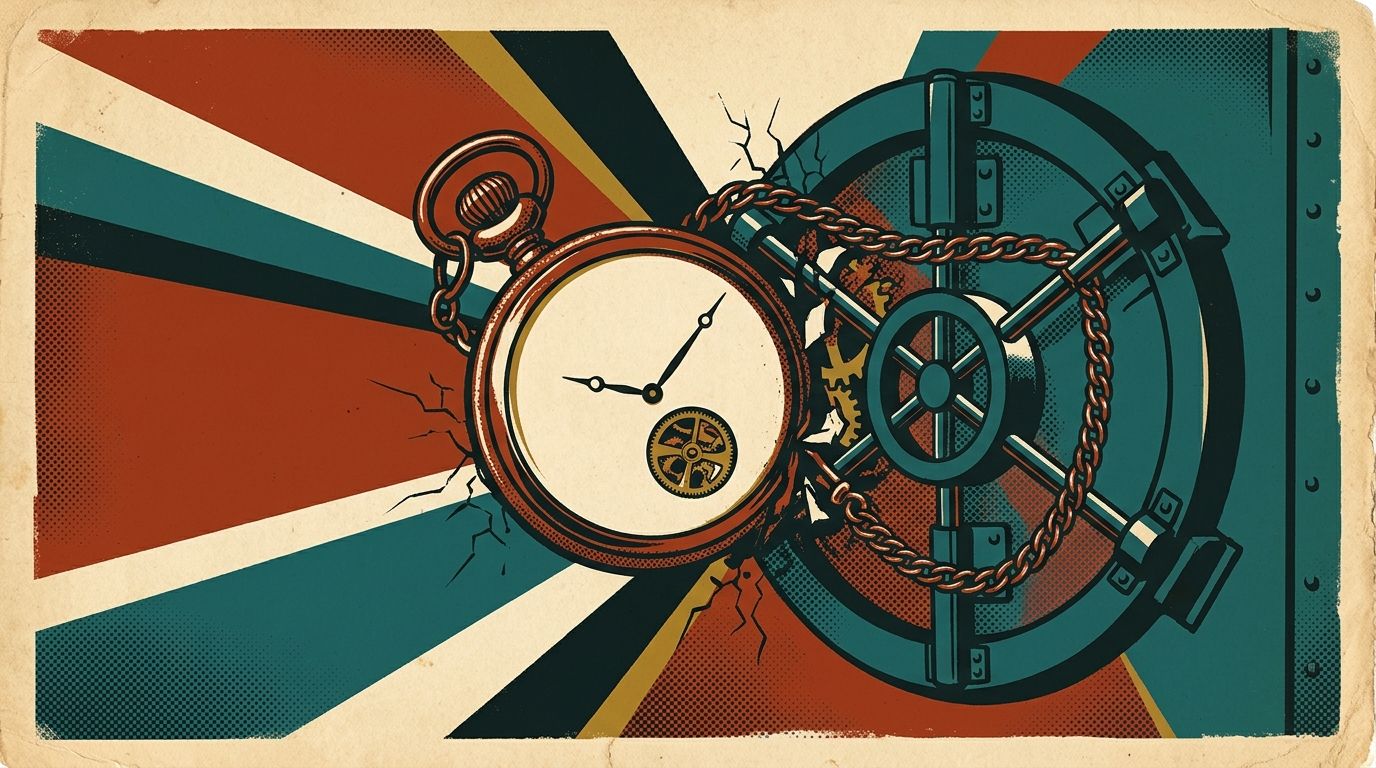 Illustration of a pocket watch jammed into a bank vault mechanism, cracking it open