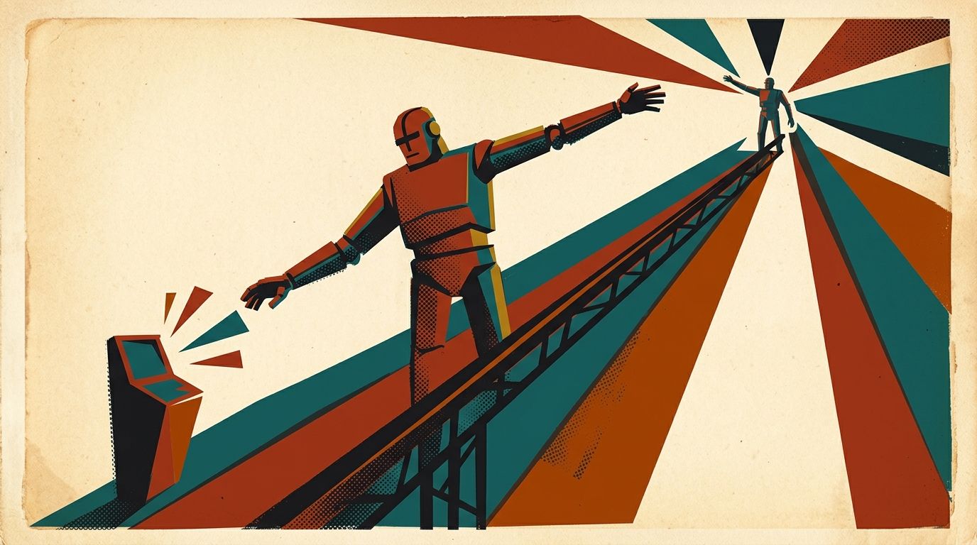 Illustrated propaganda-poster artwork: one robot figure reaching down toward a service terminal, and up toward a second, more distant robot, echoing the agent-to-service versus agent-to-agent split