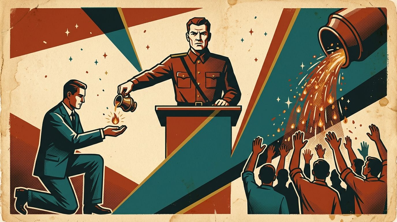 Propaganda-poster illustration of an officer carefully rationing a single glowing spark of a scarce resource to one worker while pouring an abundant stream of the same sparks freely to a crowd