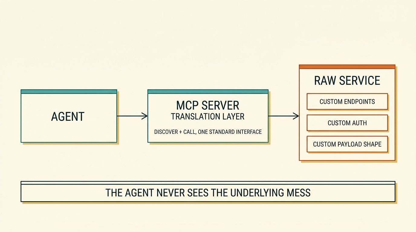 Schematic diagram of an agent calling an MCP server, which translates to a raw service's own custom endpoints, auth and payload shape