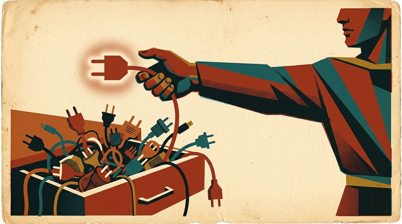 A constructivist propaganda-poster illustration of a hand reaching for one clean plug, with a tangled drawer of mismatched cables below