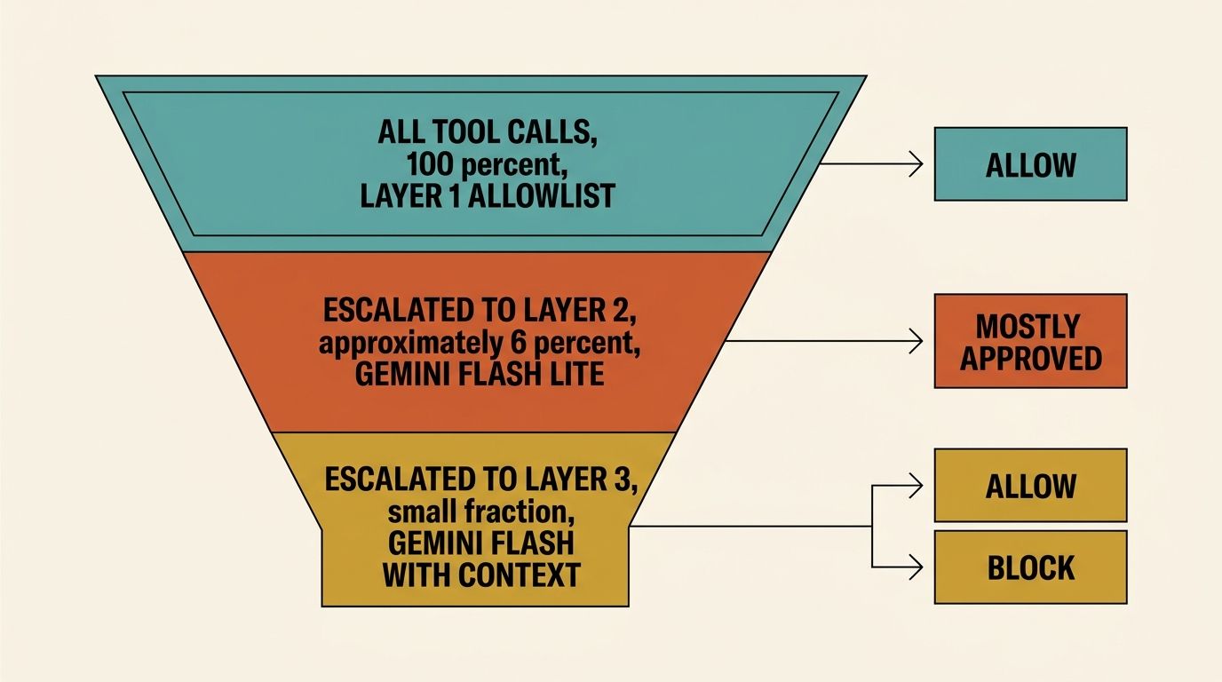 Funnel showing all tool calls entering at layer one, roughly 6% escalating to layer two, and a small fraction reaching layer three for full-context review