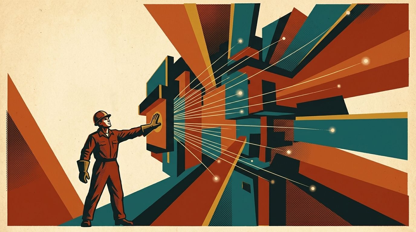 Illustration of a lone keeper tending a glowing memory vault, threads of light connecting outward to a web of records